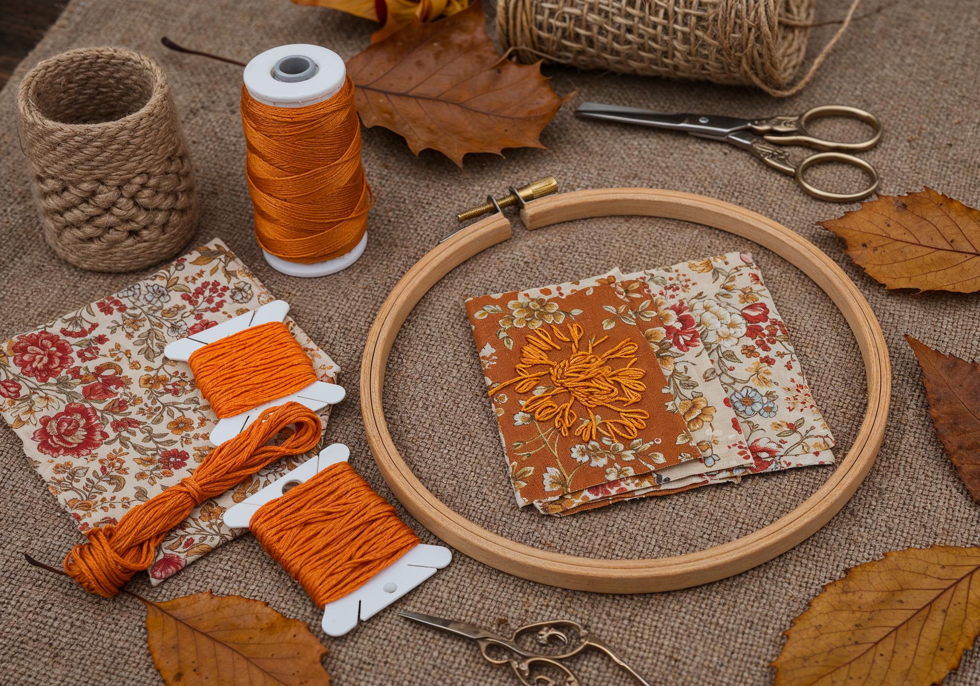 Large embroidered linen panel in warm tones
